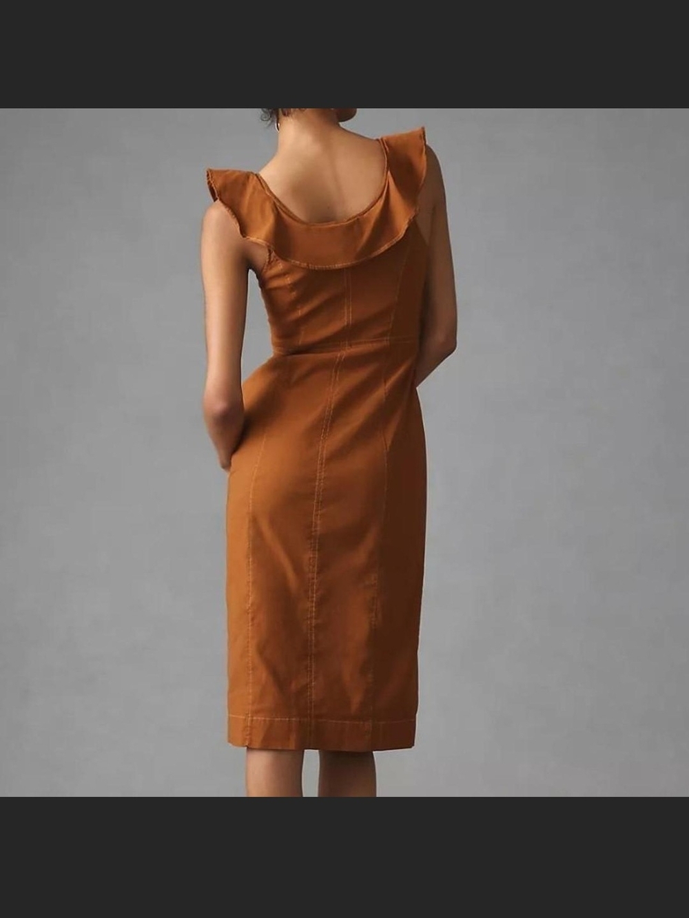 Anthropologie Rust-Brown Ruffle Sleeve Midi Dress - Picture 3 of 5